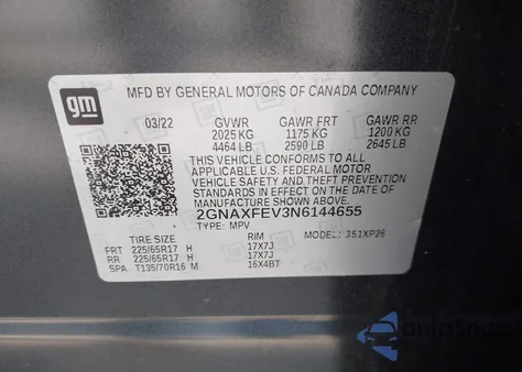 2022 Chevrolet Equinox Fwd 1Fl из США, поврежденный, VIN 2GNAXFEV3N6144655